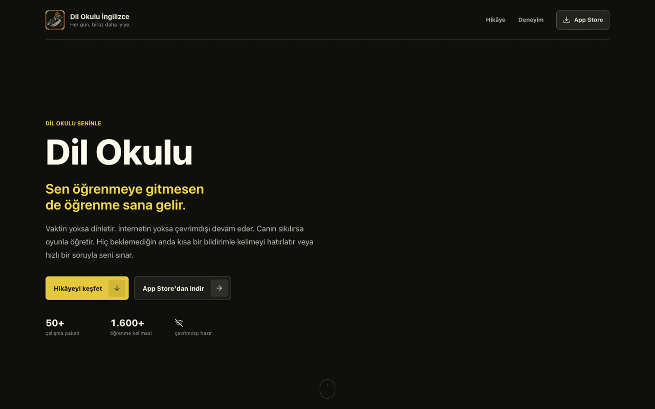 Dil Okulu public page introducing its native learning experience on a black and chalk-yellow field.