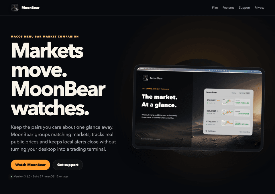 MoonBear public page showing a macOS menu-bar market watch interface over a dark lunar landscape.