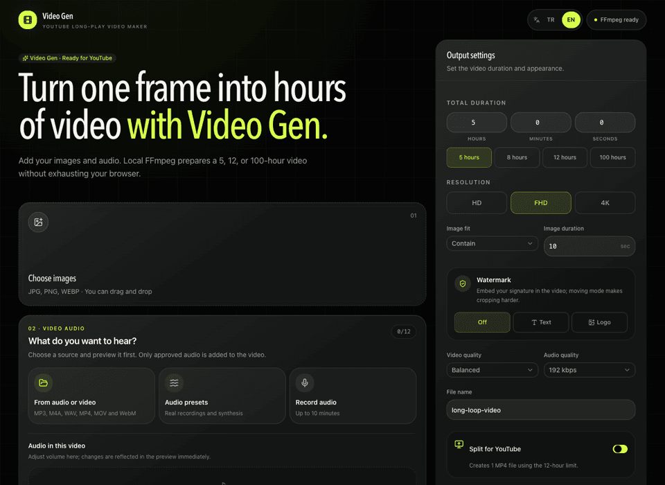 Video Gen public workspace with image, audio, duration, resolution, watermark, and split controls.