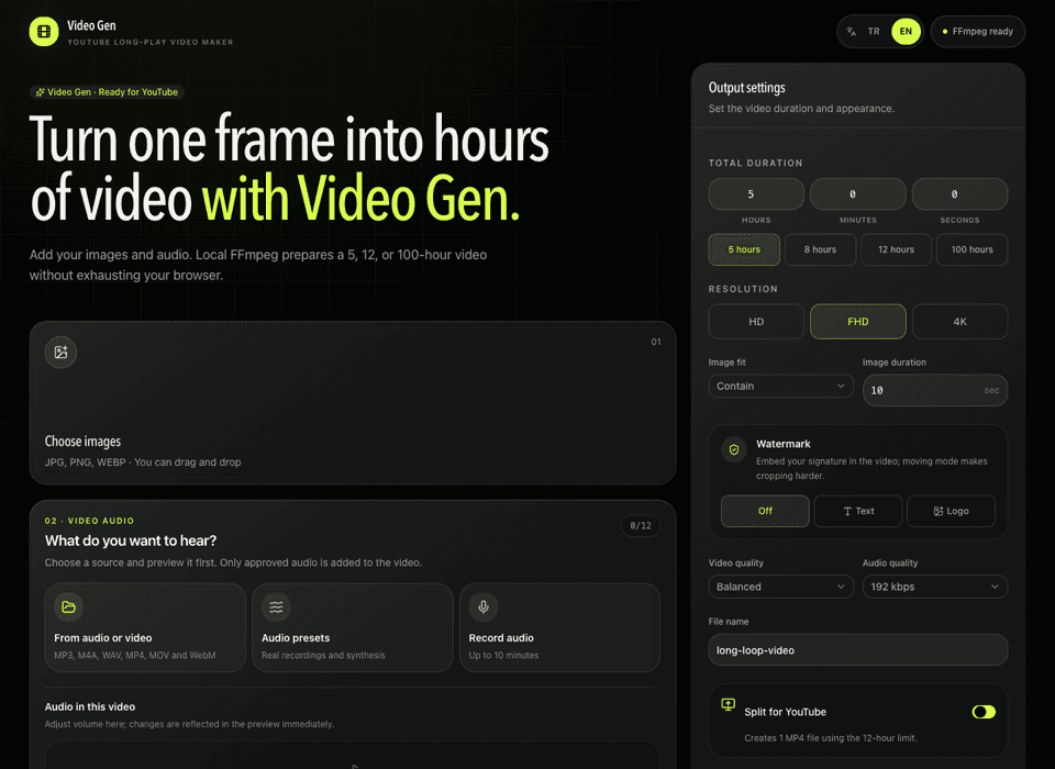Video Gen public workspace with image, audio, duration, resolution, watermark, and split controls.